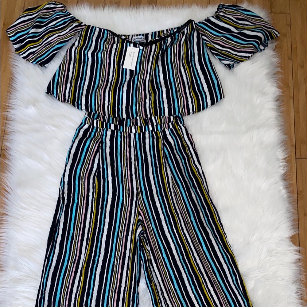 Striped 2 pieces off shoulder pants sets